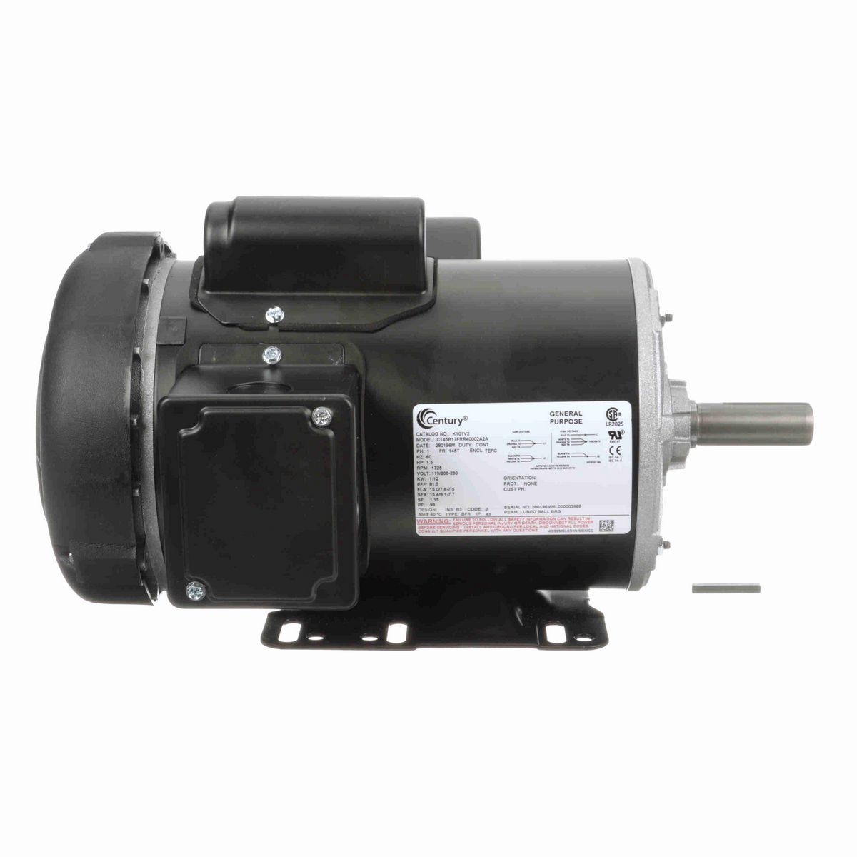 Century General Purpose Farm Duty Motor, 1.5 HP, 1 Ph, 60 Hz, 115/208-230 V, 1800 RPM, 145T Frame, TEFC - K101V2