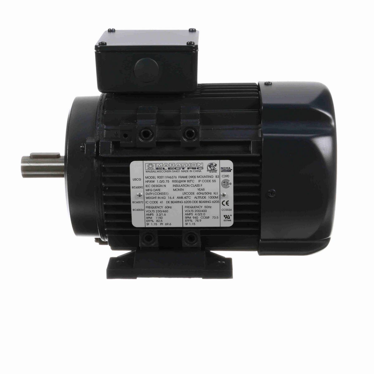 LEESON Aluminium Motor, 1 & 1 HP, 3 Ph, 60 & 50 Hz, 230/460 & 200/400 V, 1200 & 1000 RPM, 90S Frame, TEFC - R314A