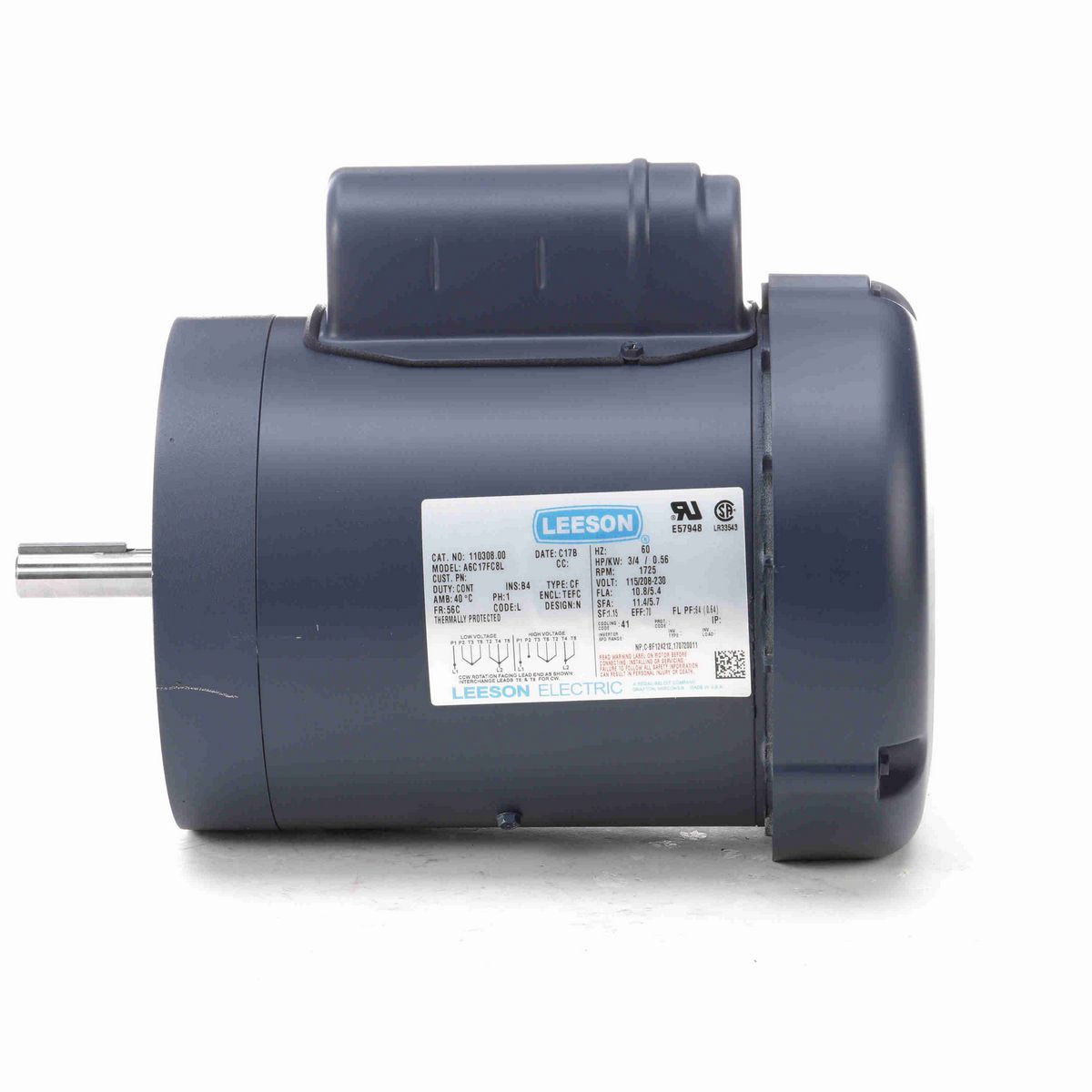LEESON General Purpose Motor, 0.75 HP, 1 Ph, 60 Hz, 115/230 V, 1800 RPM, 56C Frame, TEFC - 110308.00