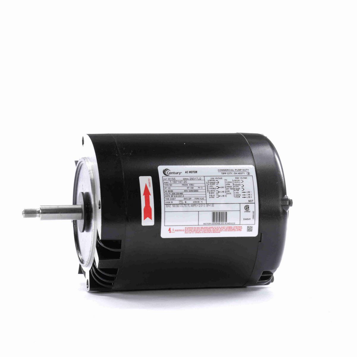 Century General Purpose Pump Motor, 1/2 HP, 3 Ph, 60 Hz, 208-230/460 V, 3600 RPM, K56J Frame, DP - H155
