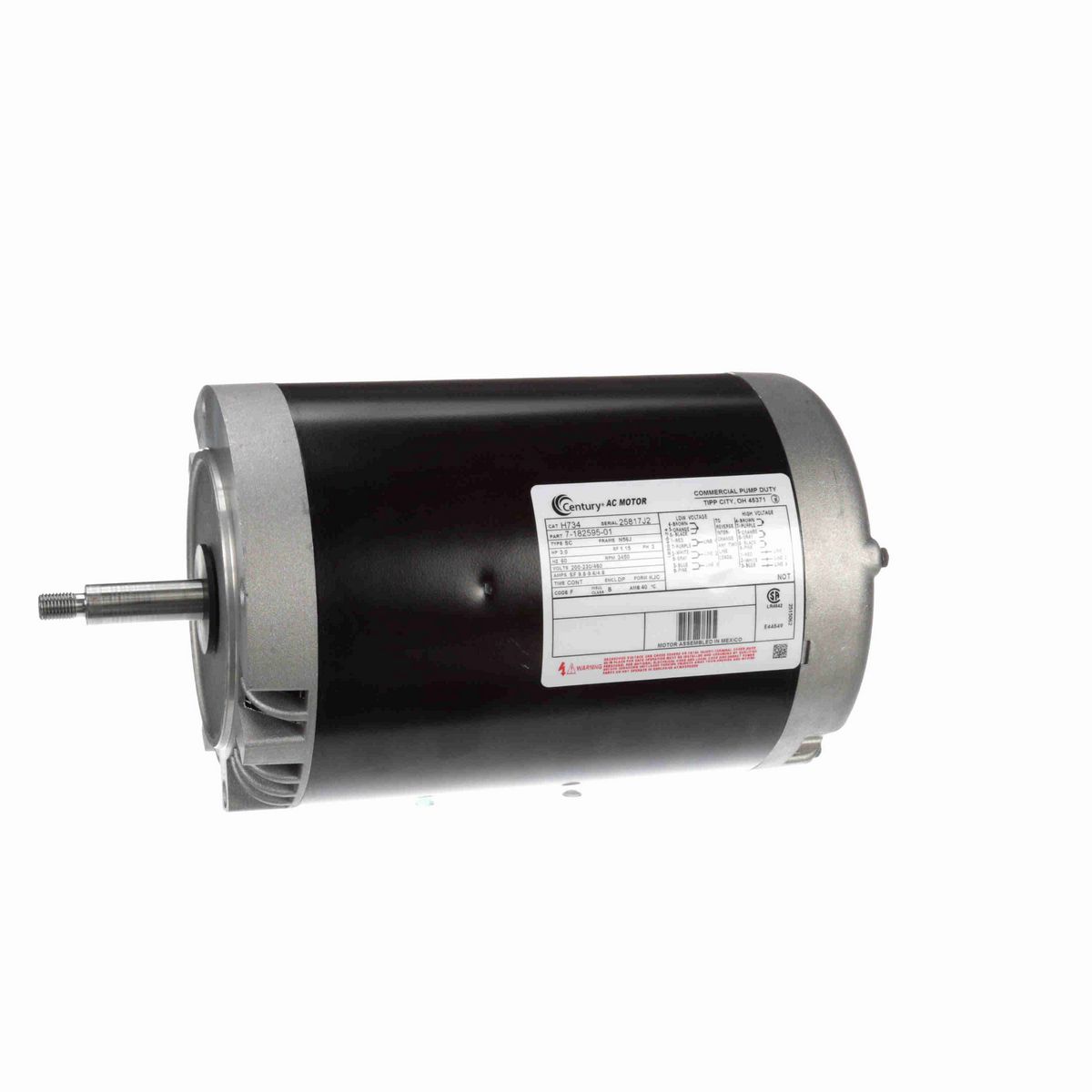 Century General Purpose Pump Motor, 3.45 HP, 3 Ph, 60 Hz, 200-230/460 V, 3600 RPM, N56J Frame, DP - H734