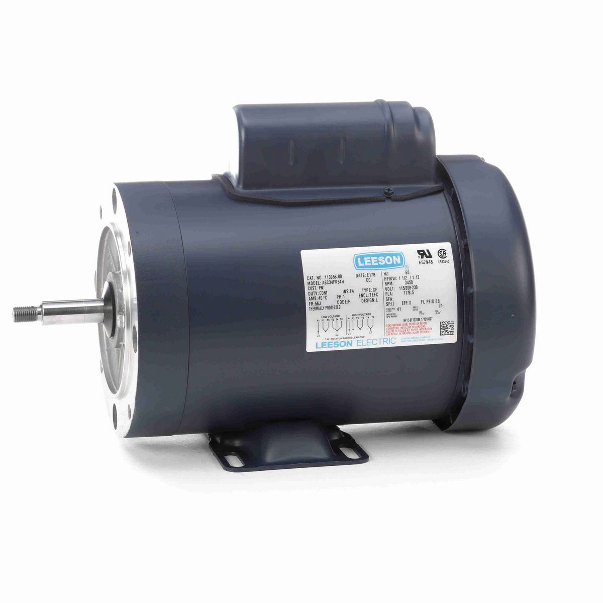 LEESON Jet Pump Motor, 1.50 HP, 1 Ph, 60 Hz, 115/230 V, 3600 RPM, 56J Frame, TEFC - 113958.00