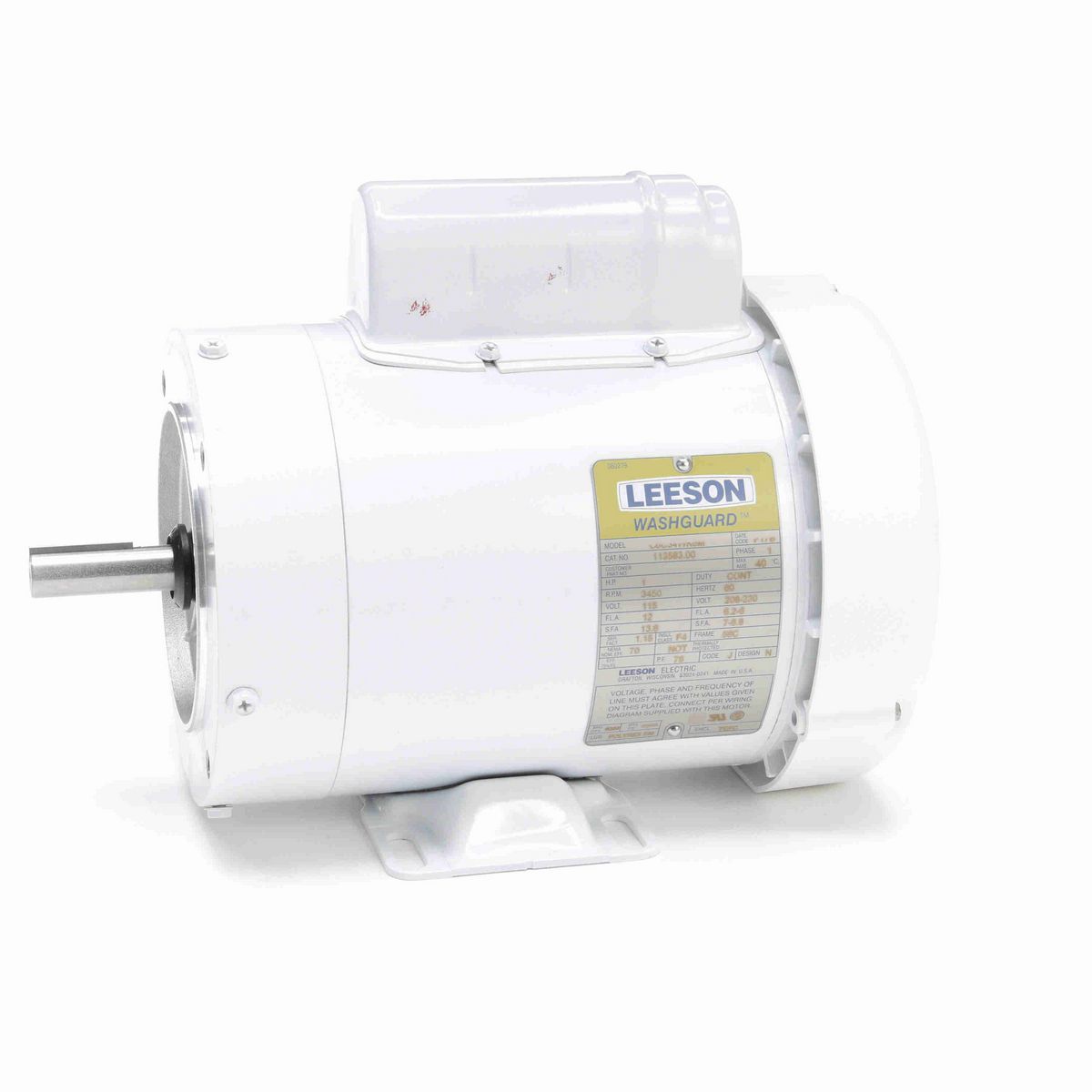 LEESON White Duck™ General Purpose Motor, 1 HP, 1 Ph, 60 Hz, 115/230 V, 3600 RPM, 56C Frame, TEFC - 113583.00