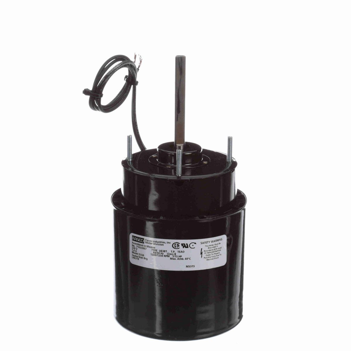 FASCO Fan and Blower Motor, 1/15 HP, 1 Ph, 50 Hz, 230 V, 1500/1250 RPM, 1 Speed, 3.3" Diameter, TEFC - D334