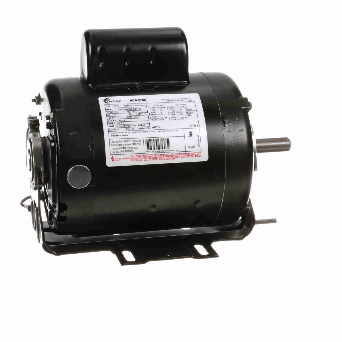 Century General Purpose Motor, 1/4 HP, 1 Ph, 60 Hz, 115/230 V, 1800 RPM, 56 Frame, ODP - C835
