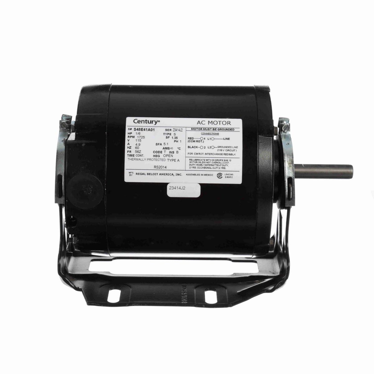 Century Fan and Blower Motor, 1/6 HP, 1 Ph, 60 Hz, 115 V, 1800 RPM, 56Z Frame, OPEN - RS2014