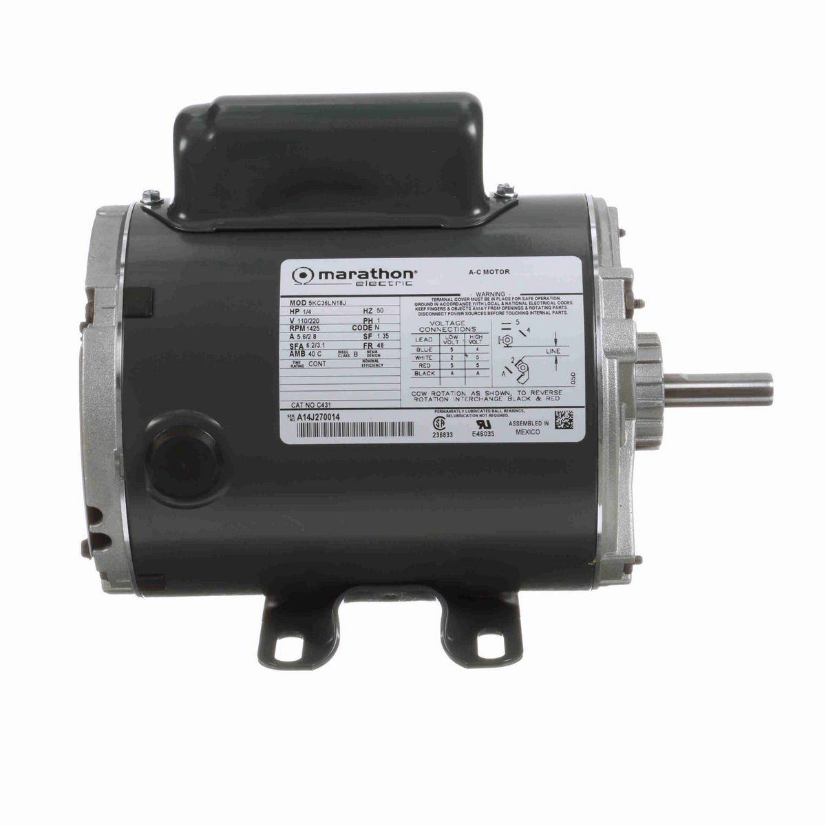 LEESON General Purpose Motor, 0.25 HP, 1 Ph, 50 Hz, 110/220 V, 1500 RPM, 48 Frame, DP - C431