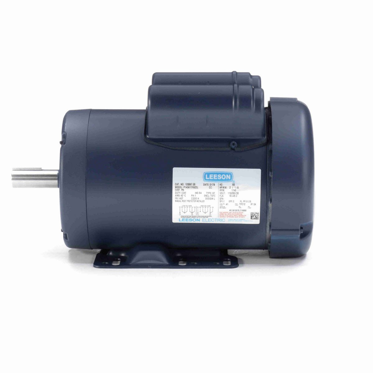 LEESON General Purpose Motor, 2 HP, 1 Ph, 60 Hz, 115/230 V, 1800 RPM, 145T Frame, TEFC - 120867.00