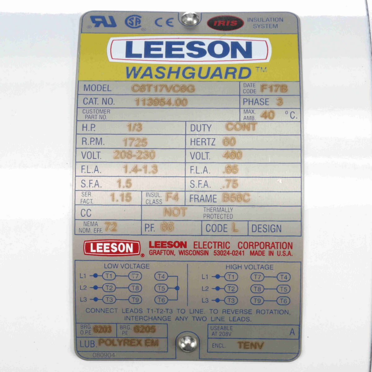 LEESON White Duck™ General Purpose Motor, 0.33 HP, 3 Ph, 60 Hz, 230/460 V, 1800 RPM, 56C Frame, TENV - 113954.00