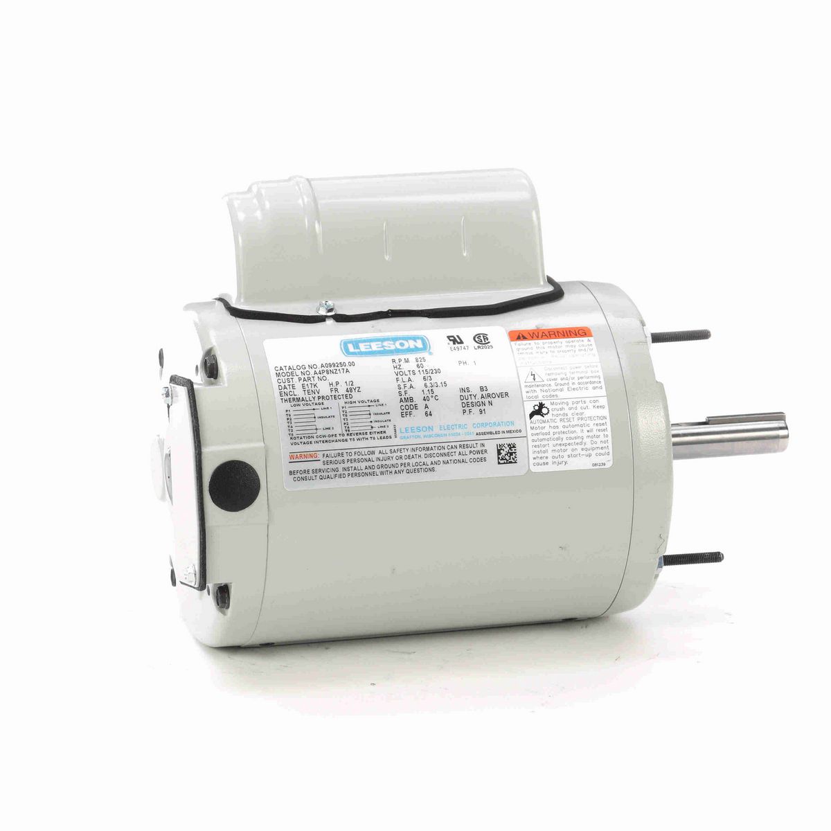LEESON Fan and Blower Motor, 0.50 HP, 1 Ph, 60 Hz, 115/230 V, 900 RPM, 48Y Frame, TENV - M099250.00