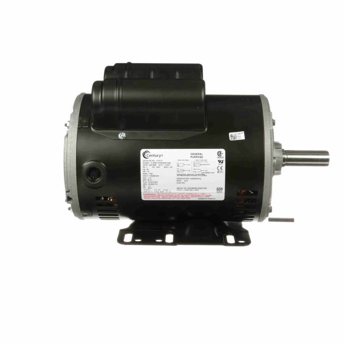 Century General Purpose Motor, 1.5 HP, 1 Ph, 60 Hz, 115/208-230 V, 1800 RPM, 145T Frame, DP - V101V1