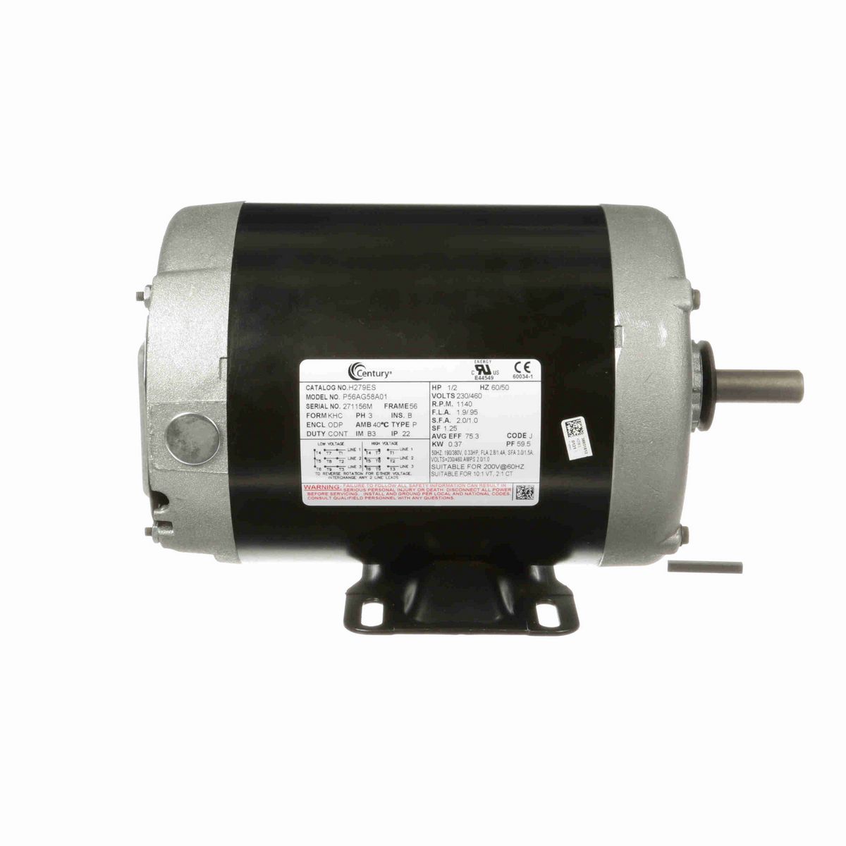 Century General Purpose Motor, .50 HP, 3 Ph, 60 Hz, 230/460 V, 1200 RPM, 56 Frame, ODP - H279ES