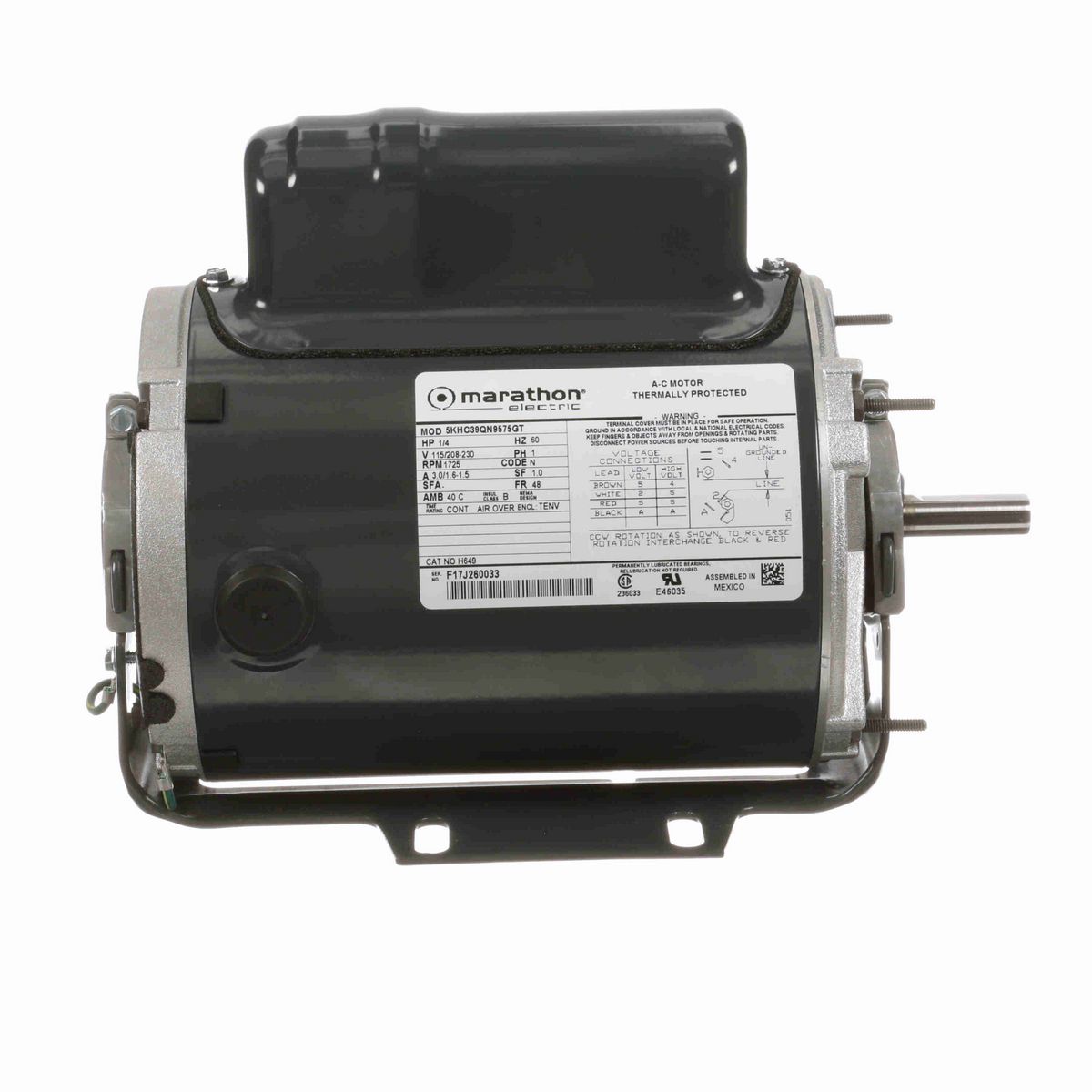 LEESON General Purpose Farm Duty Motor, 0.25 HP, 1 Ph, 60 Hz, 115/208-230 V, 1800 RPM, 48 Frame, TENV - H649