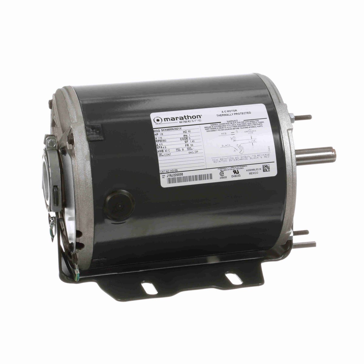 LEESON Fan and Blower Motor, 0.13 HP, 1 Ph, 60 Hz, 115 V, 900 RPM, 56 Frame, DP - HG155