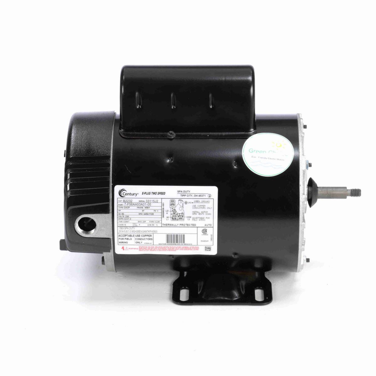Century Pool Pump Motor, 1.0 / 0.13 SPL HP, 1 Ph, 60 Hz, 230 V, 3600 RPM, N56Y Frame, DP - B2232
