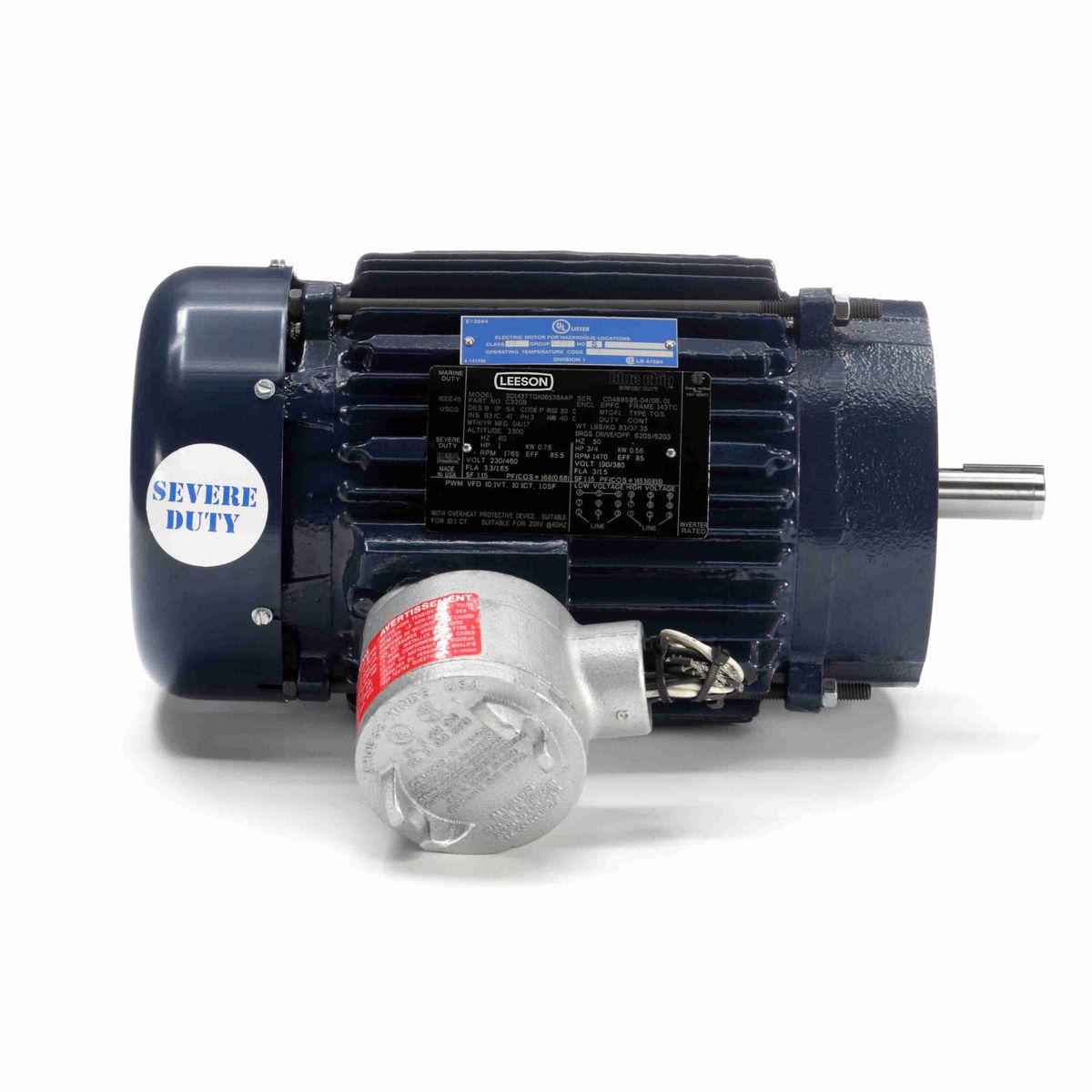 LEESON Explosion Proof Motor, 1 & 0.75 HP, 3 Ph, 60 & 50 Hz, 230/460 & 190/380 V, 1800 & 1500 RPM, 143TC Frame, EPFC - C320B
