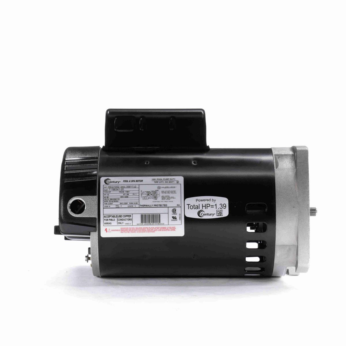 Century Pool Pump Motor, 1/2 HP, 1 Ph, 60 Hz, 208-230/115 V, 3600 RPM, Y56Y Frame, ODP - HSQ1052