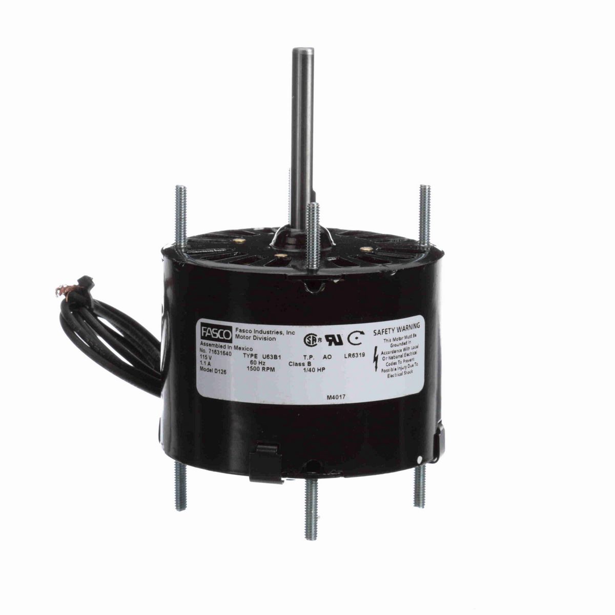 FASCO Fan and Blower Motor, 1/40 HP, 1 Ph, 60 Hz, 115 V, 1500 RPM, 1 Speed, 3.3" Diameter, OAO - D126