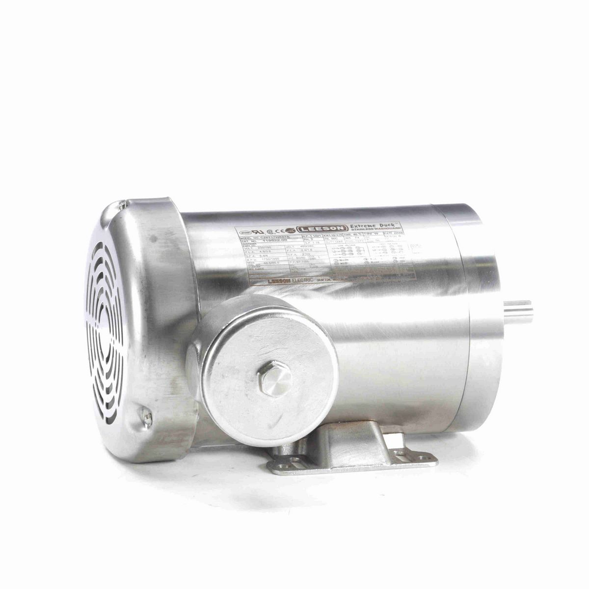 LEESON Extreme Duck® Ultra General Purpose Motor, 1.50 & 1 HP, 3 Ph, 60 & 50 Hz, 230/460 & 190/380 V, 1800 & 1500 RPM, 56C Frame, TEFC - 119522.00