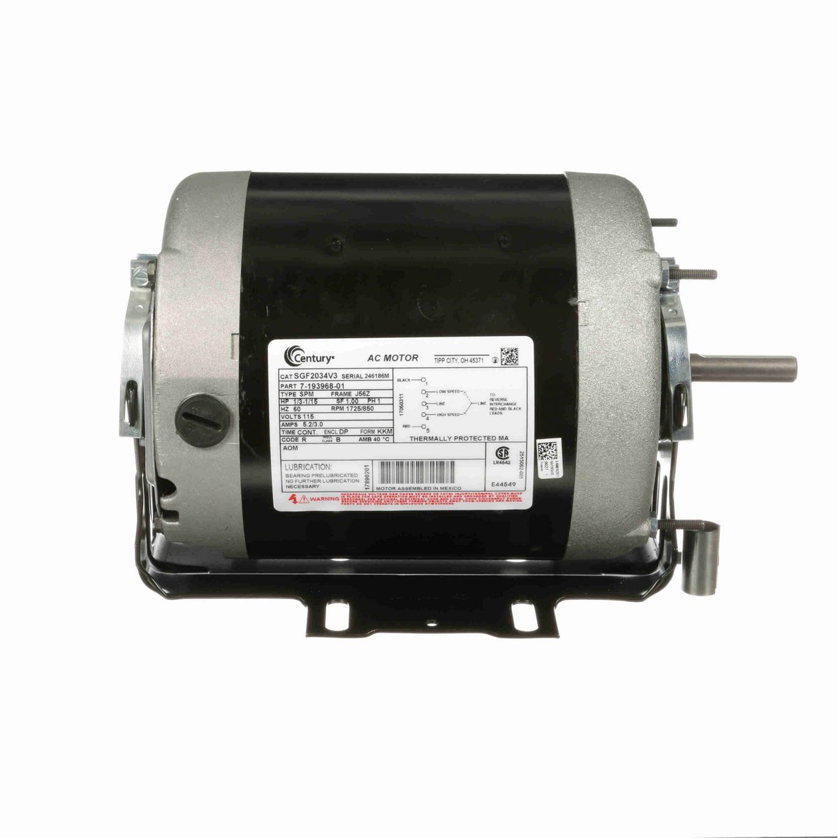 Century Fan and Blower Motor, 1/3-1/15 HP, 1 Ph, 60 Hz, 115 V, 1800 RPM, J56Z Frame, DP - SGF2034V3