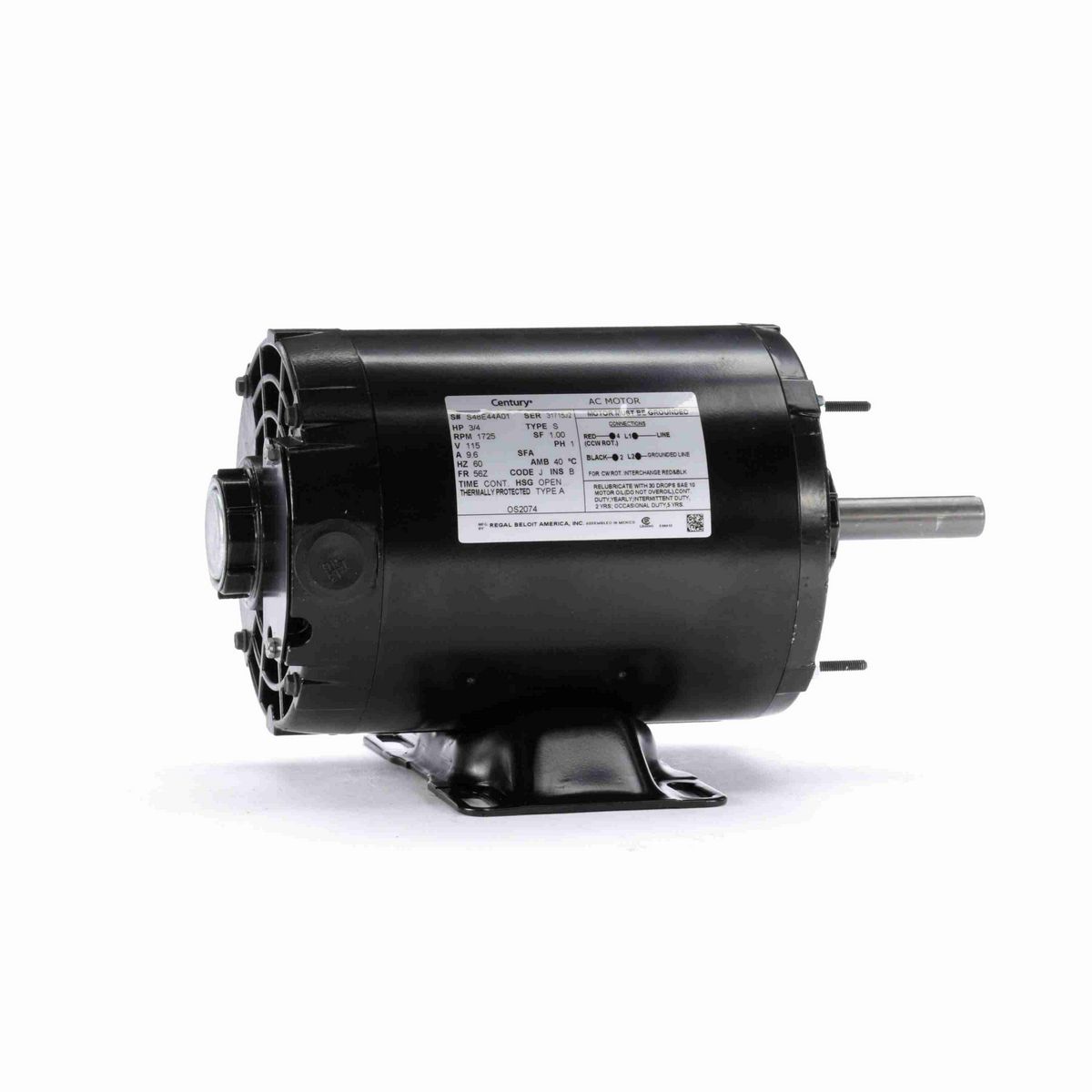 Century Fan and Blower Motor, 3/4 HP, 1 Ph, 60 Hz, 115 V, 1800 RPM, 56Z Frame, OPEN - OS2074