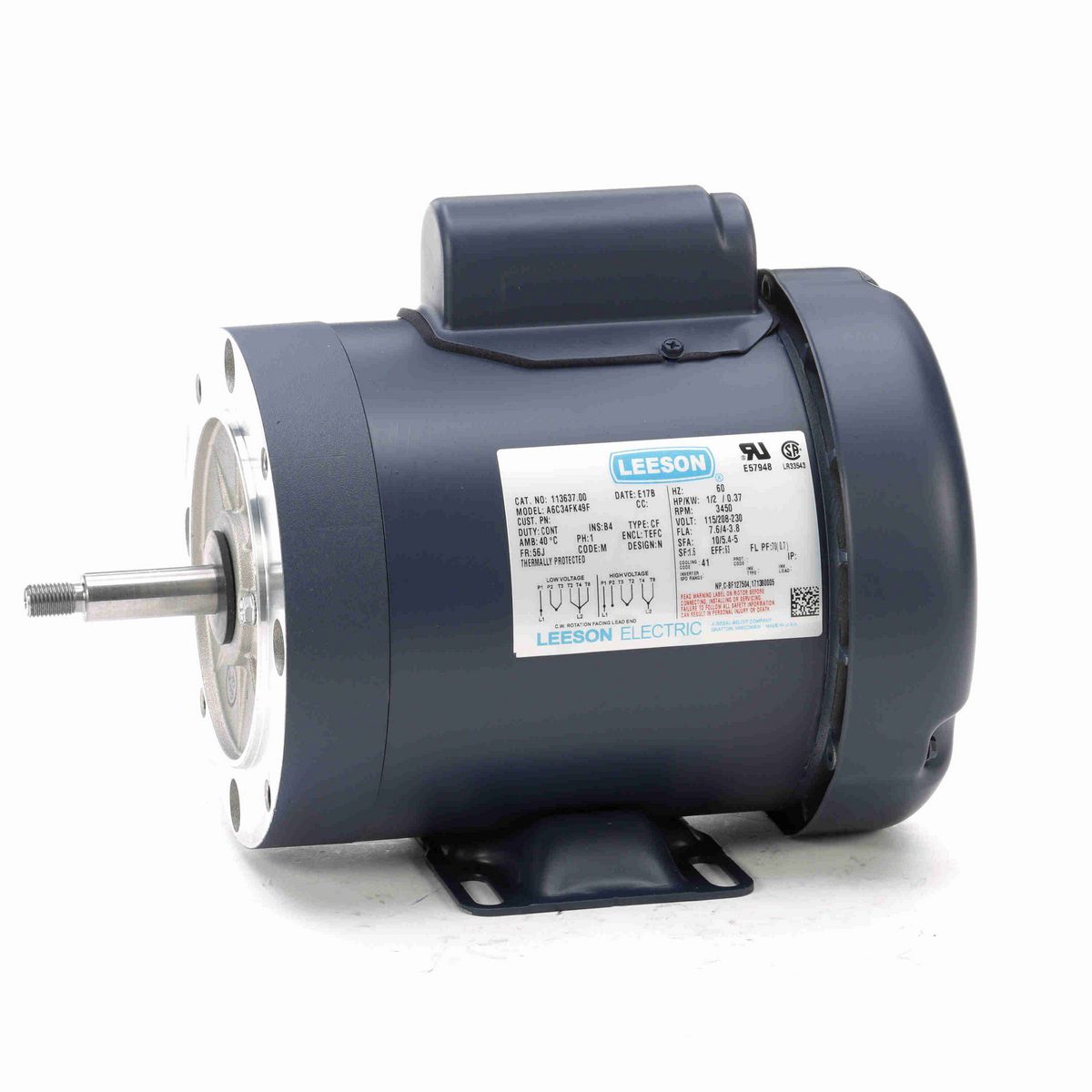 LEESON Jet Pump Motor, 0.50 HP, 1 Ph, 60 Hz, 115/230 V, 3600 RPM, 56J Frame, TEFC - 113637.00