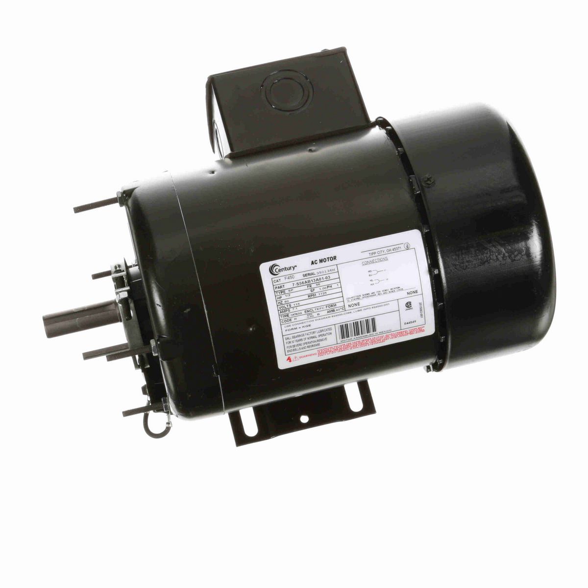 Century General Purpose Motor, 1/2 HP, 1 Ph, 60 Hz, 115 V, 1800 RPM, 56 Frame, TEFC - F450