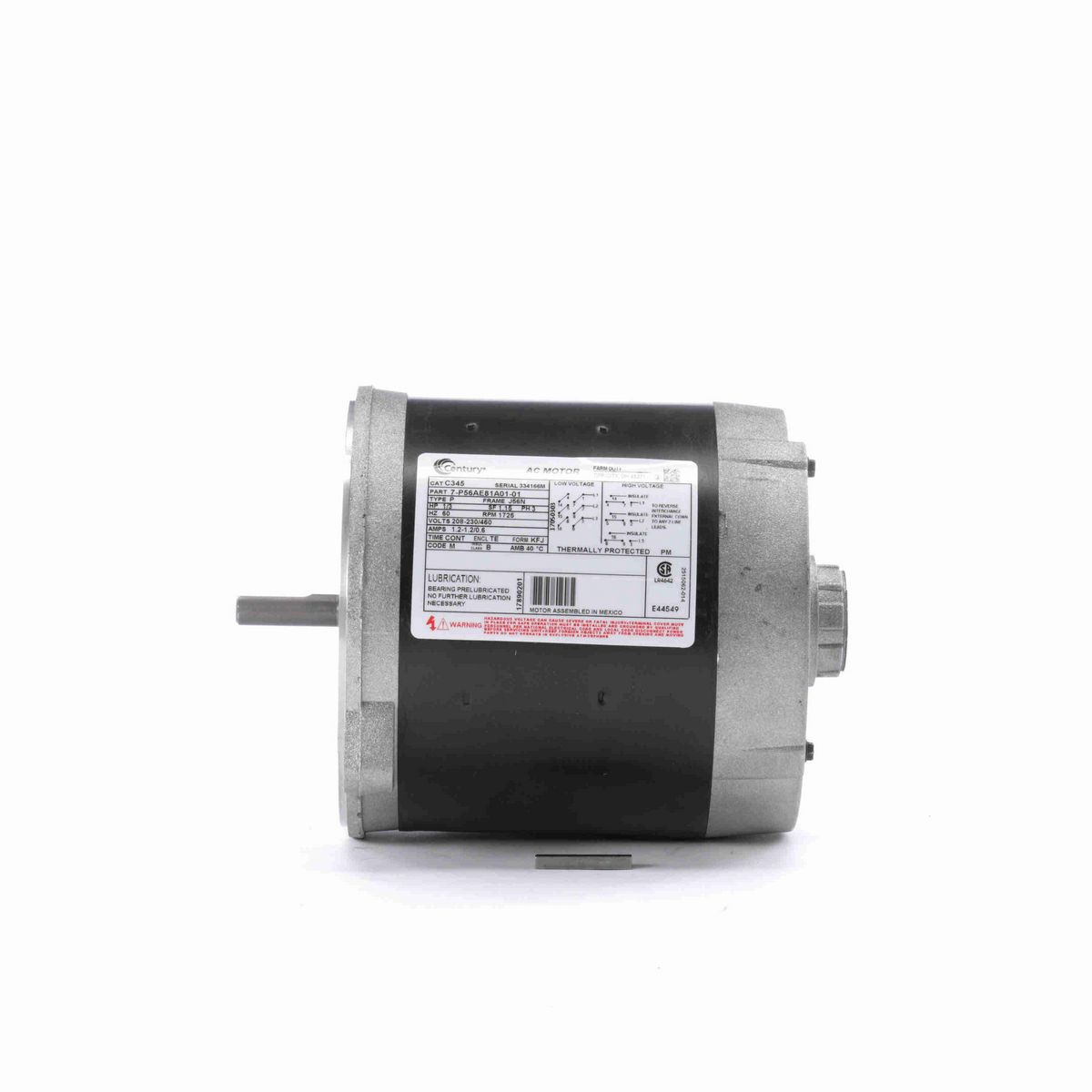 Century Auger Drive Motor, 1/3 HP, 3 Ph, 60 Hz, 208-230/460 V, 1800 RPM, J56N Frame, TENV - C345
