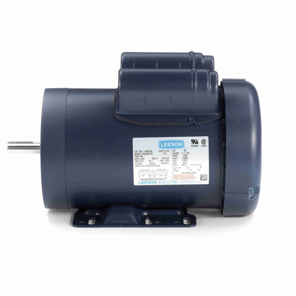 LEESON General Purpose Motor, 2 HP, 1 Ph, 60 Hz, 115/230 V, 3600 RPM, 56HC Frame, TEFC - 114995.00
