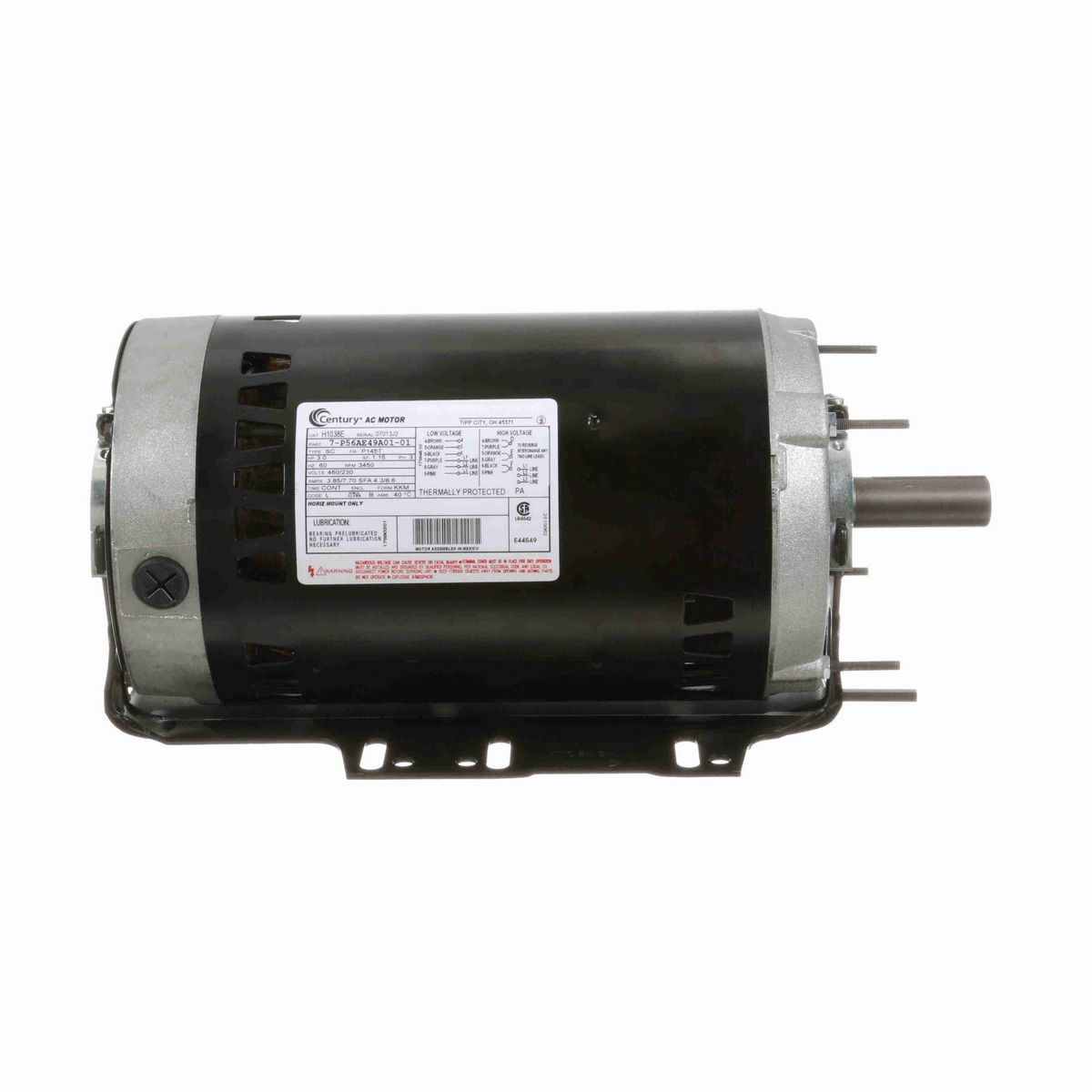 Century General Purpose Motor, 3.0 HP, 3 Ph, 60 Hz, 460/230 V, 3600 RPM, P145T Frame, ODP - H1038E