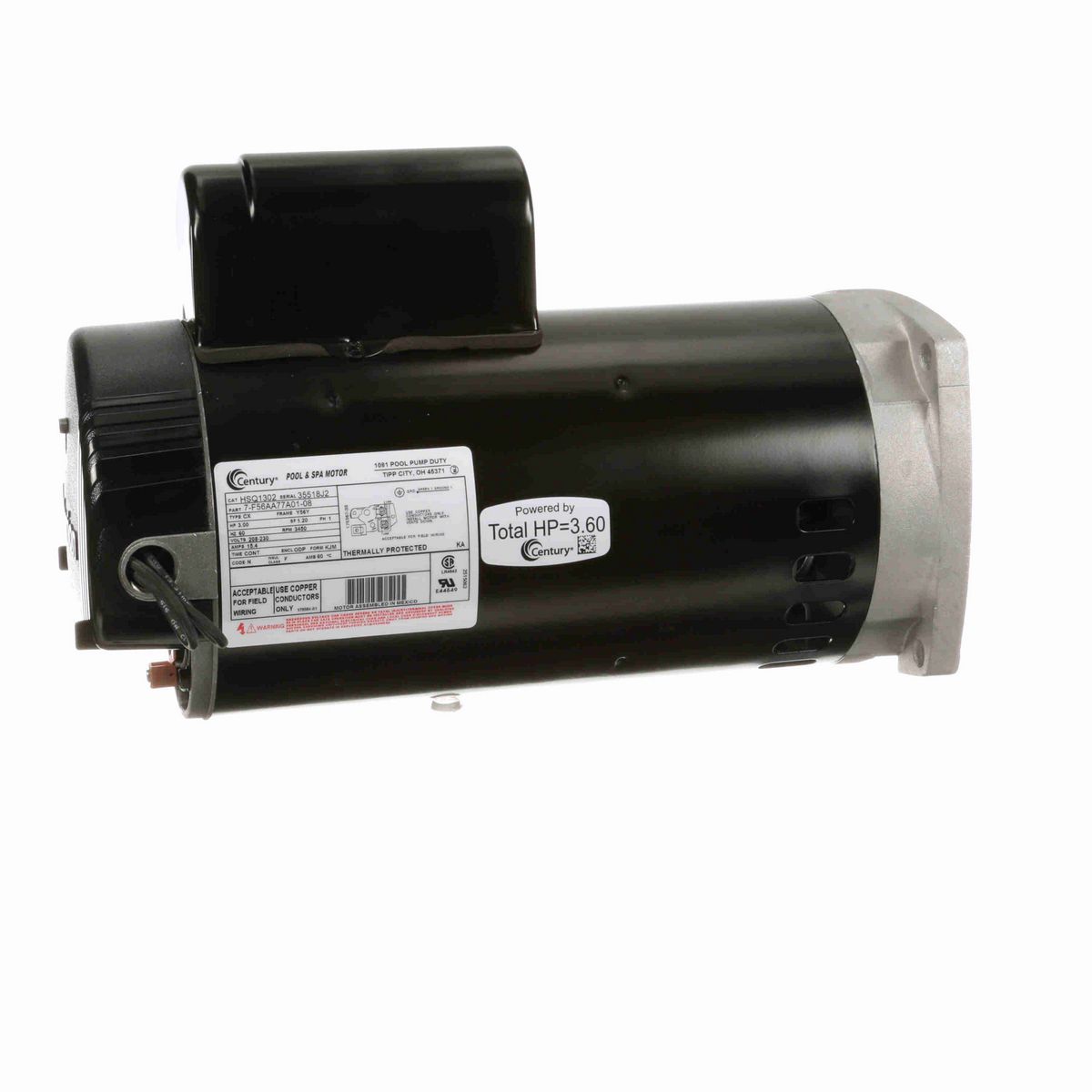 Century Pool Pump Motor, 3.00 HP, 1 Ph, 60 Hz, 208-230 V, 3600 RPM, Y56Y Frame, ODP - HSQ1302