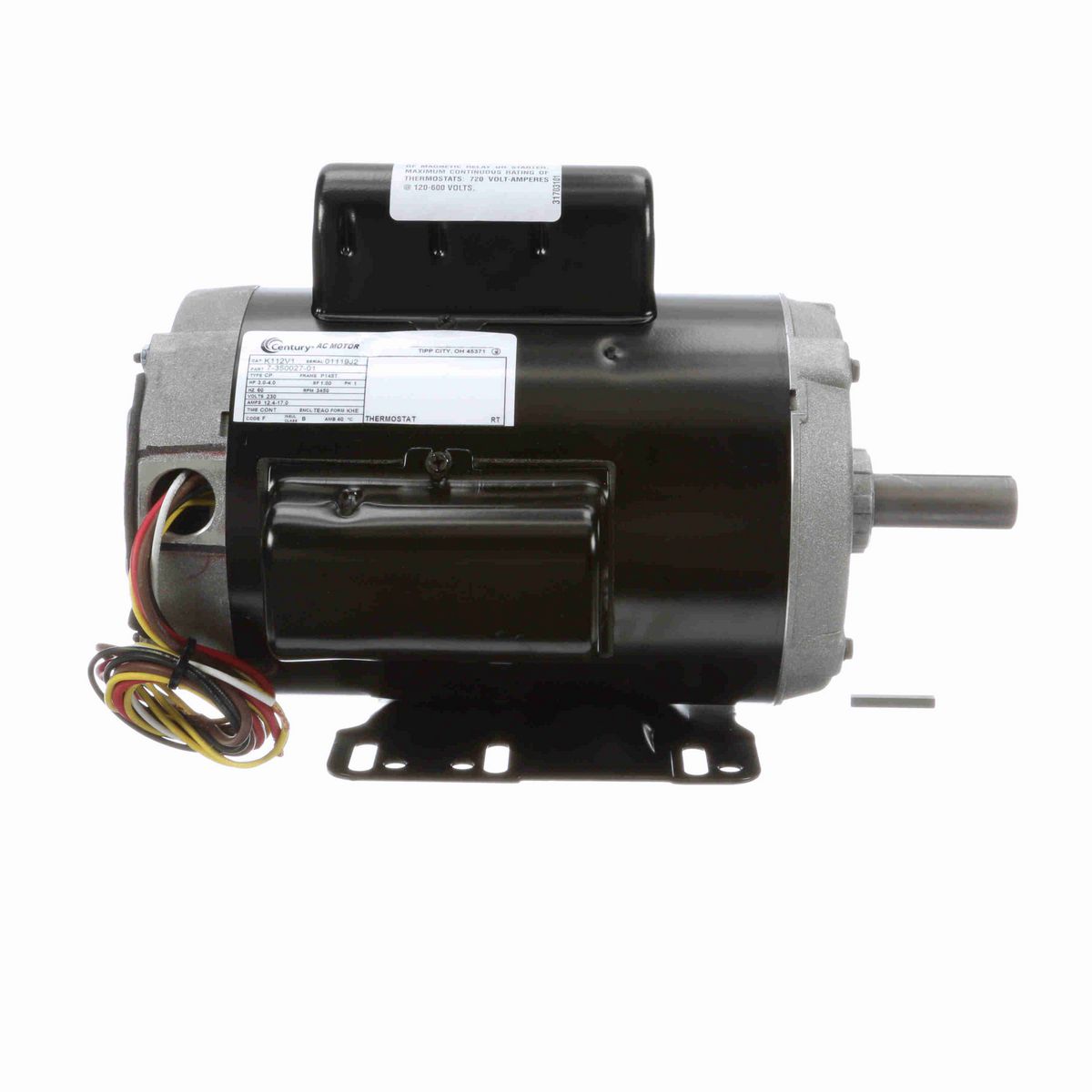 Century Aeration Fan Motor, 3.0-4.0 HP, 1 Ph, 60 Hz, 230 V, 3600 RPM, P145T Frame, TEAO - K112V1