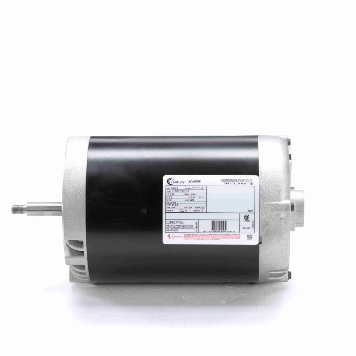 Century General Purpose Pump Motor, 2.40 HP, 3 Ph, 60 Hz, 575 V, 3600 RPM, N56J Frame, DP - H629