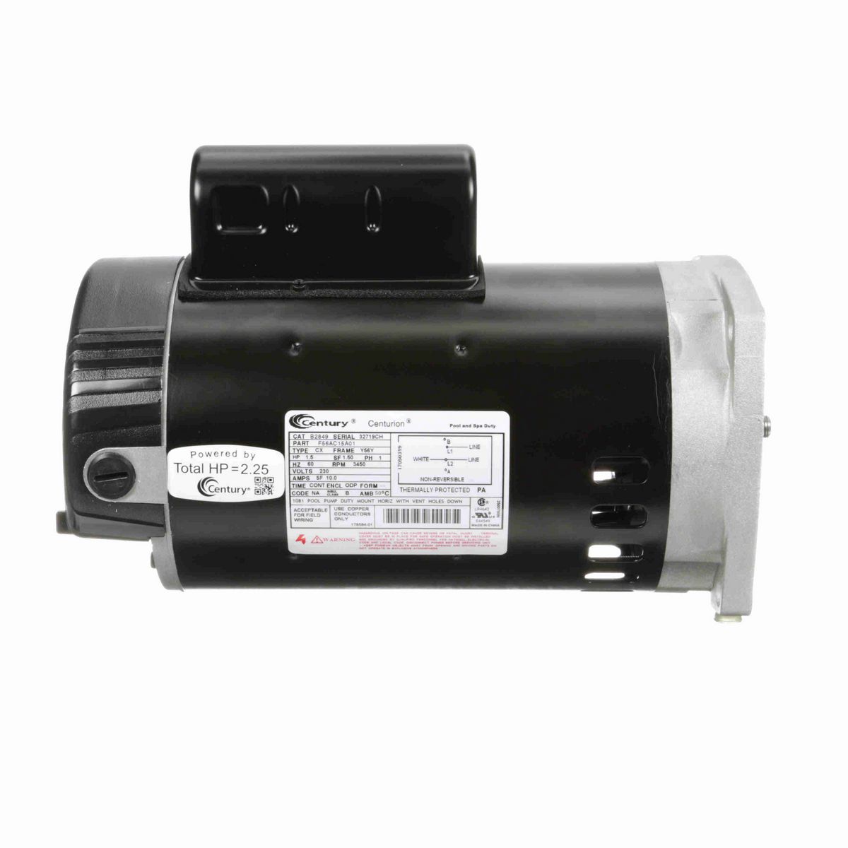 Century Pool Pump Motor, 1.5 HP, 1 Ph, 60 Hz, 230 V, 3600 RPM, 56Y Frame, ODP - B2849
