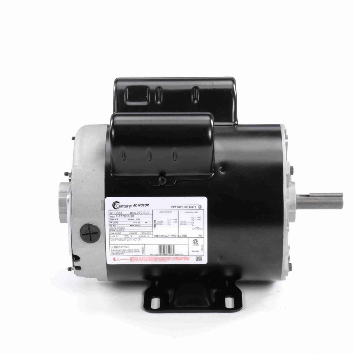 Century Air Compressor Motor, 3SPL HP, 1 Ph, 60 Hz, 115/230 V, 3600 RPM, U56None Frame, DP - B383