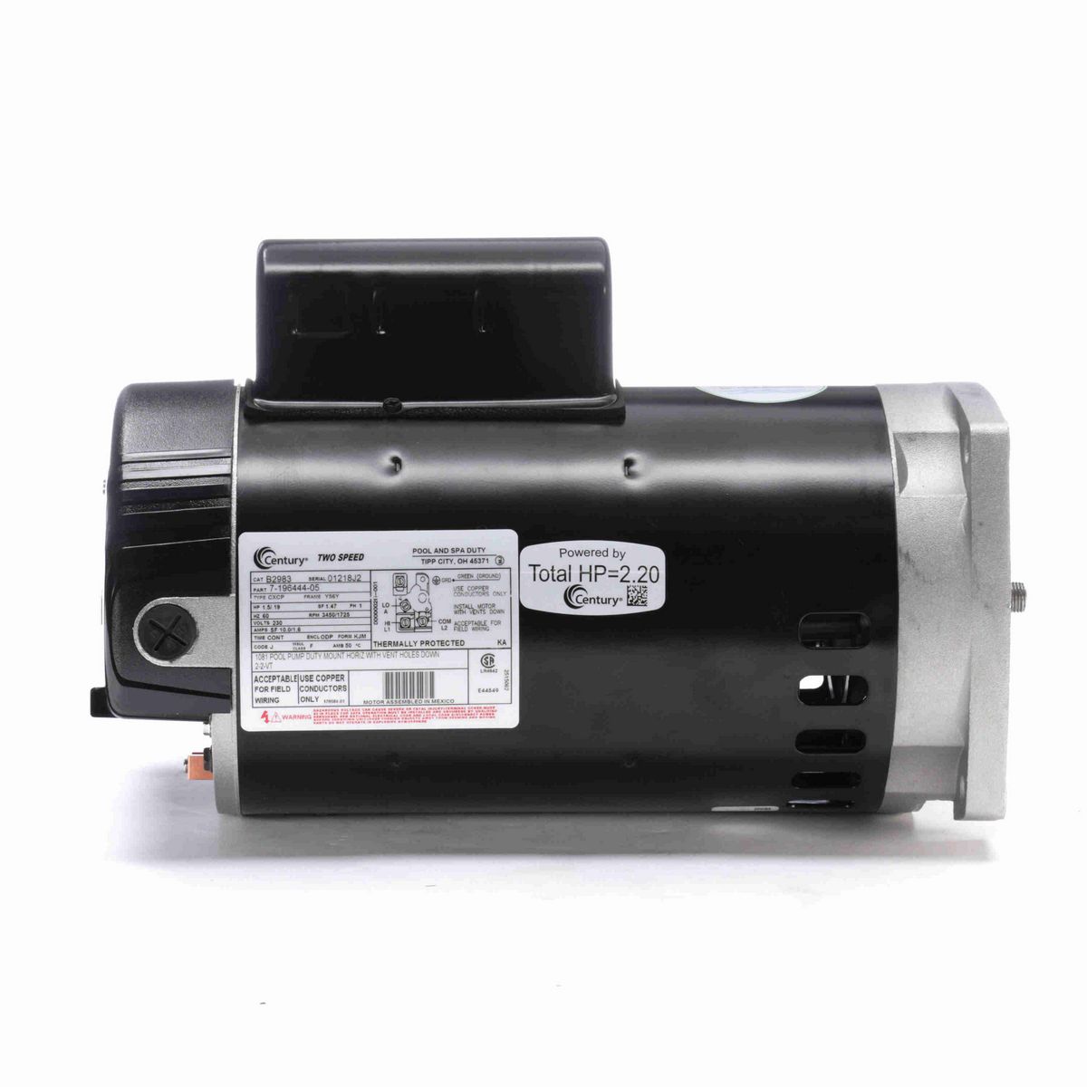 Century Pool Pump Motor, 1.5/.19 HP, 1 Ph, 60 Hz, 230 V, 3600 RPM, Y56Y Frame, ODP - B2983