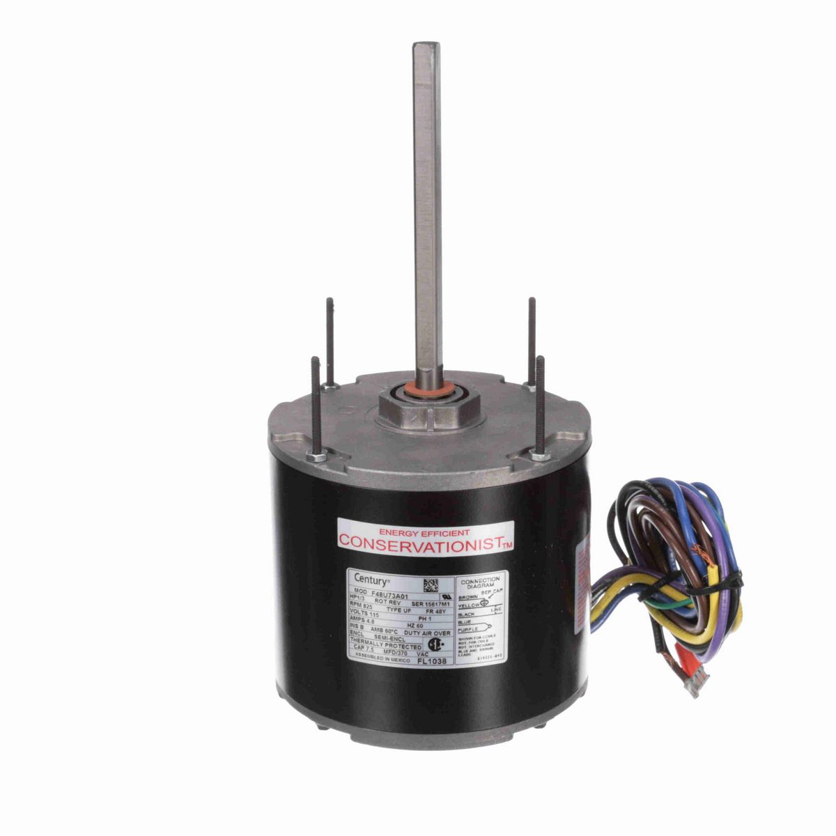 Century Condenser Fan Motor, 1/3 HP, 1 Ph, 60 Hz, 115 V, 825 RPM, 1 Speed, 48 Frame, SEMI ENCL - FL1038