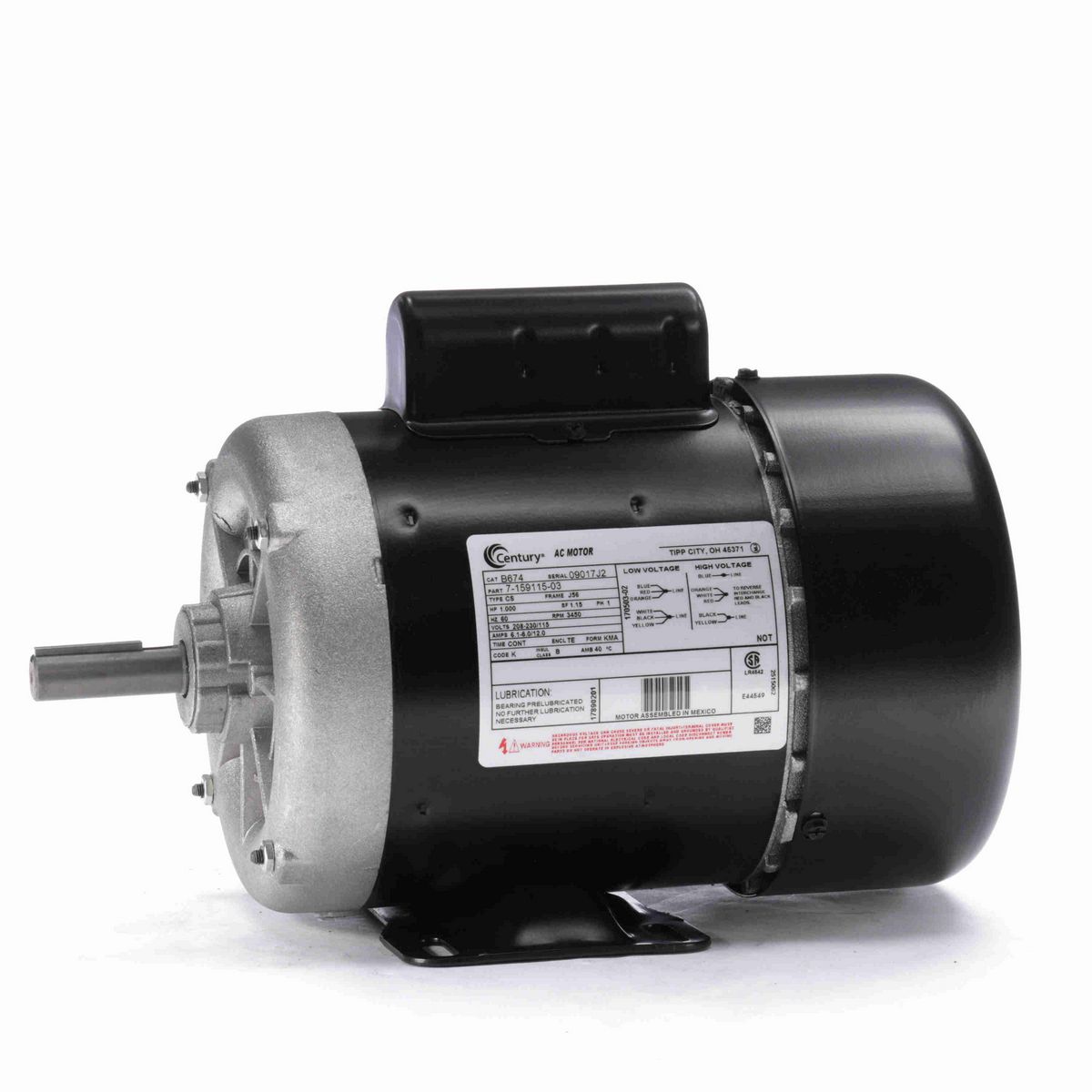 Century General Purpose Farm Duty Motor, 1.000 HP, 1 Ph, 60 Hz, 208-230/115 V, 3600 RPM, J56 Frame, TEFC - B674