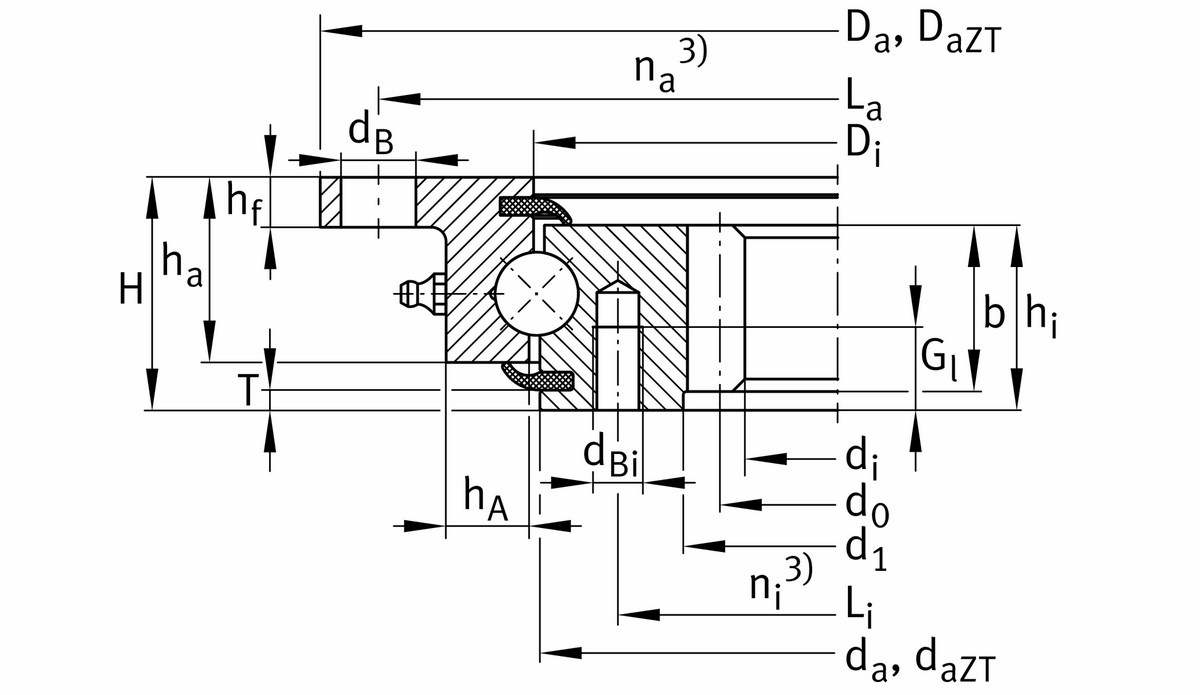 Опорно-поворотное устройство, подшипник с четырехточечным контактом, зубчатый венец на внутреннем кольце INA VLI200414-N-RL3