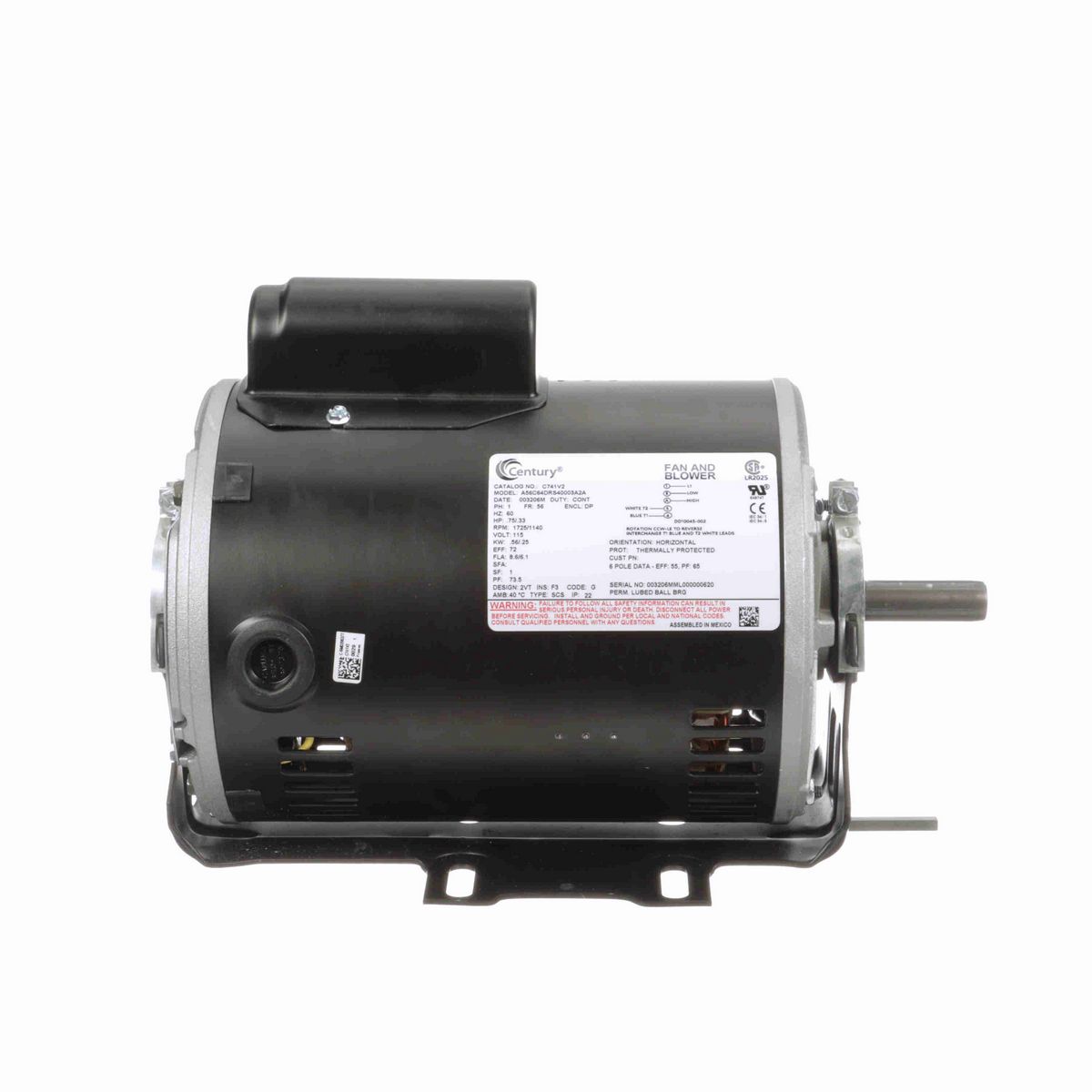 Century Fan and Blower Motor, .75/.33 HP, 1 Ph, 60 Hz, 115 V, 1800 RPM, 56 Frame, DP - C741V2