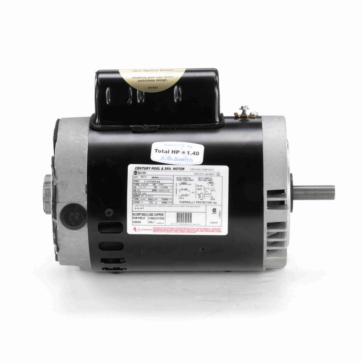 Century Pool Pump Motor, 1.0-.12 HP, 1 Ph, 60 Hz, 230 V, 3600 RPM, U56C Frame, DP - B974