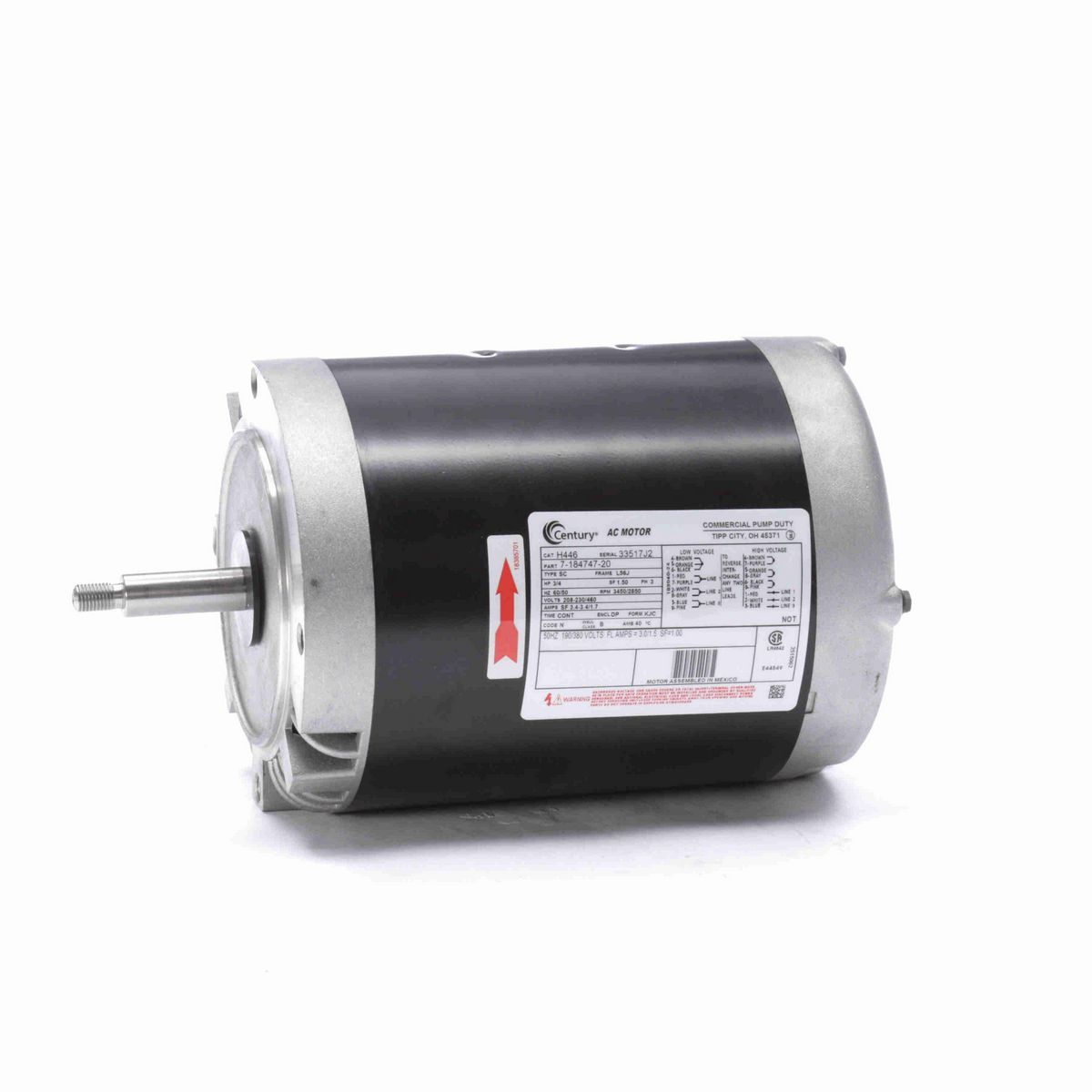 Century General Purpose Pump Motor, 3/4 HP, 3 Ph, 60 Hz, 208-230/460 V, 3600 RPM, L56J Frame, DP - H446