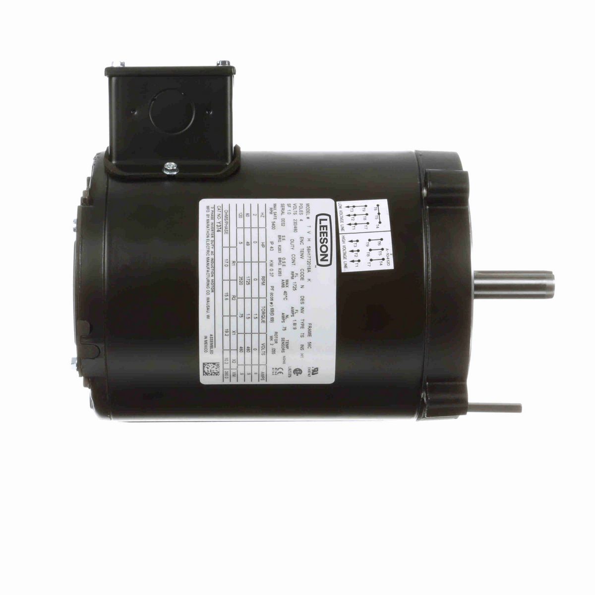 LEESON Speed Ratio Motor, 0.50 HP, 3 Ph, 60 Hz, 230/460 V, 1800 RPM, 56C Frame, TENV - Y374