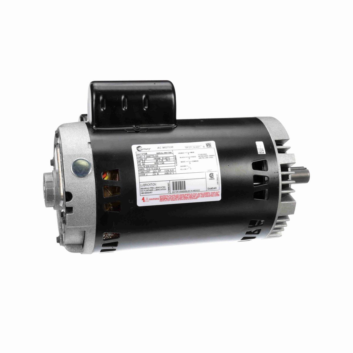Century General Purpose Motor, 2.0 HP, 1 Ph, 60 Hz, 208-230/115 V, 1800 RPM, R145TC Frame, DP - V108