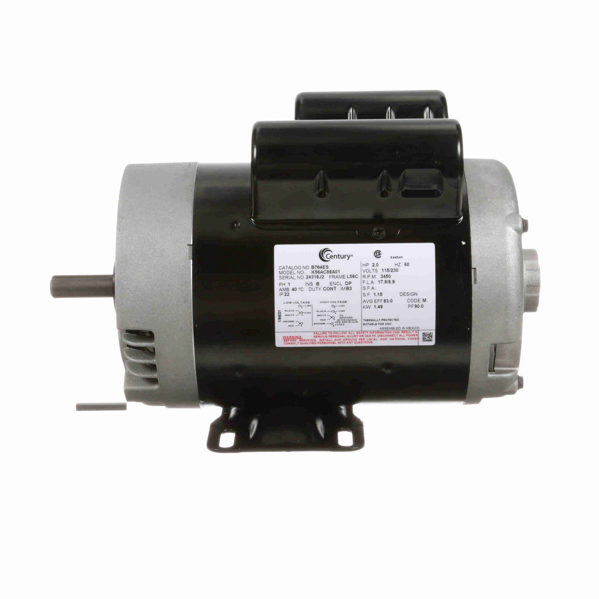 Century General Purpose Motor, 2.0 HP, 1 Ph, 60 Hz, 115/230 V, 3600 RPM, L56C Frame, DP - B764ES