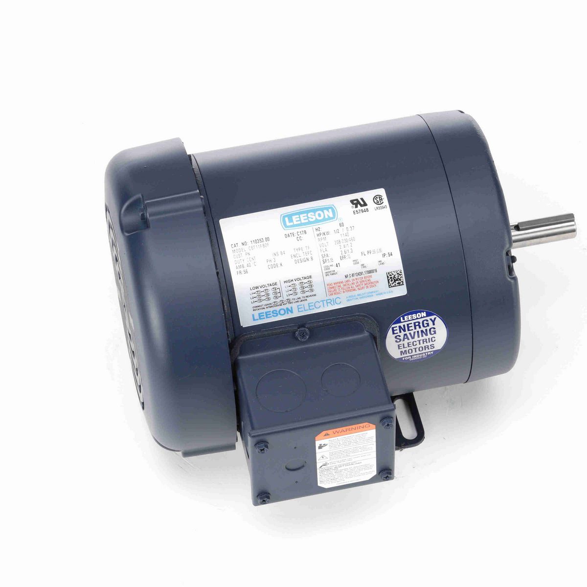 LEESON General Purpose Motor, 0.50 HP, 3 Ph, 60 Hz, 575 V, 1200 RPM, 56 Frame, TEFC - 110214.00