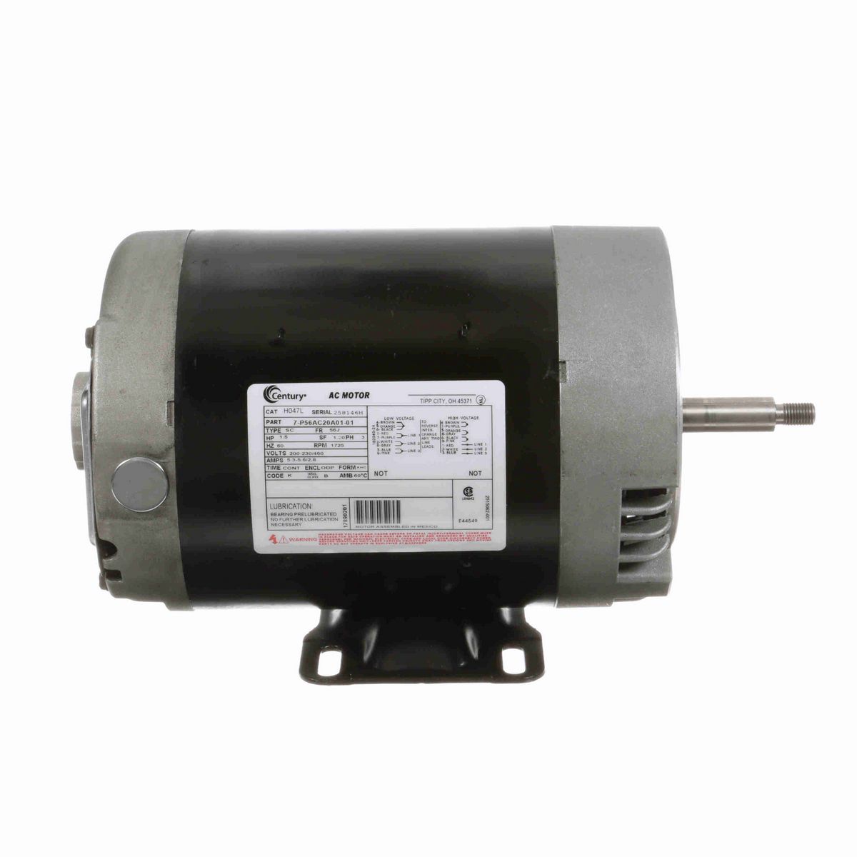 Century General Purpose Motor, 1.5 HP, 3 Ph, 60 Hz, 200-230/460 V, 1800 RPM, 56J Frame, ODP - H047L