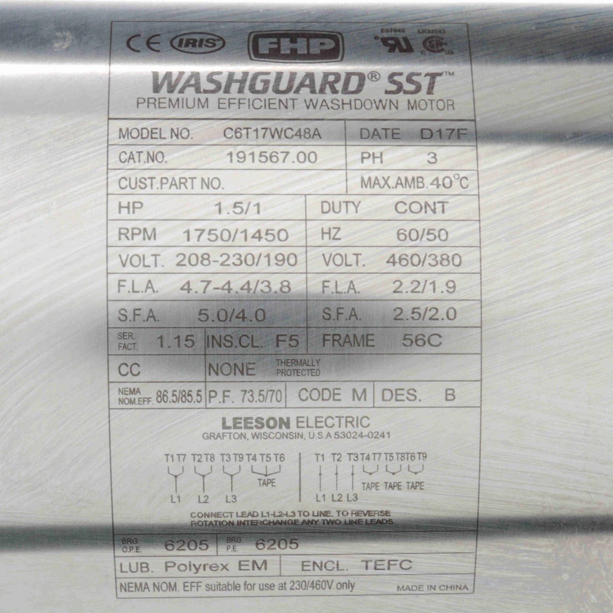 LEESON SST Duck™ General Purpose Motor, 1.50 & 1 HP, 3 Ph, 60 & 50 Hz, 230/460 & 190/380 V, 1800 & 1500 RPM, 56C Frame, TEFC - 191567.00