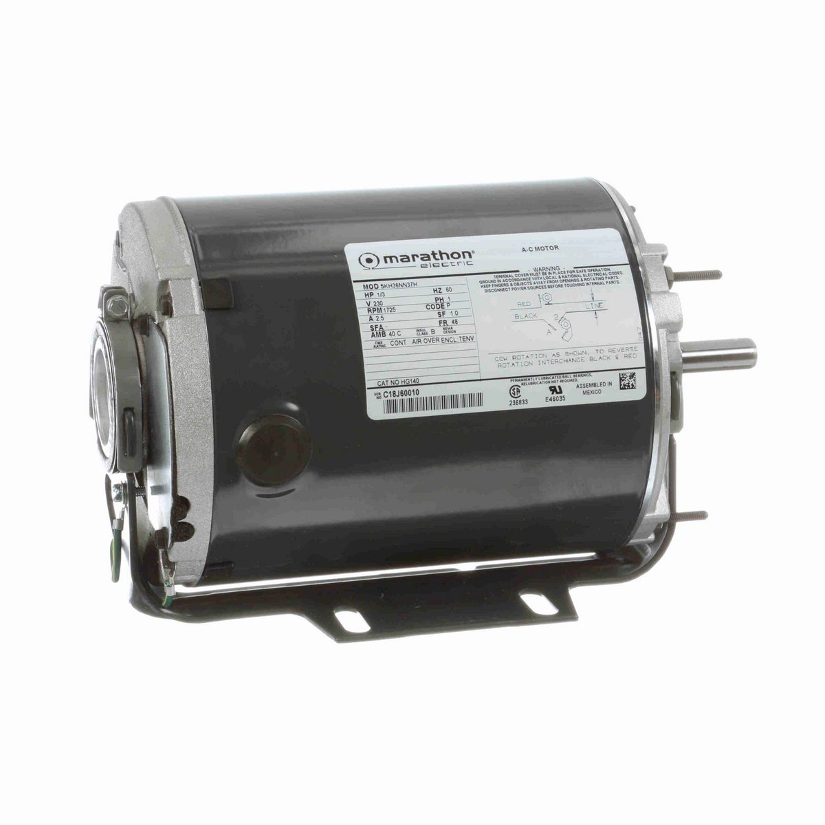 LEESON General Purpose Farm Duty Motor, 0.33 HP, 1 Ph, 60 Hz, 230 V, 1800 RPM, 48 Frame, TENV - HG140