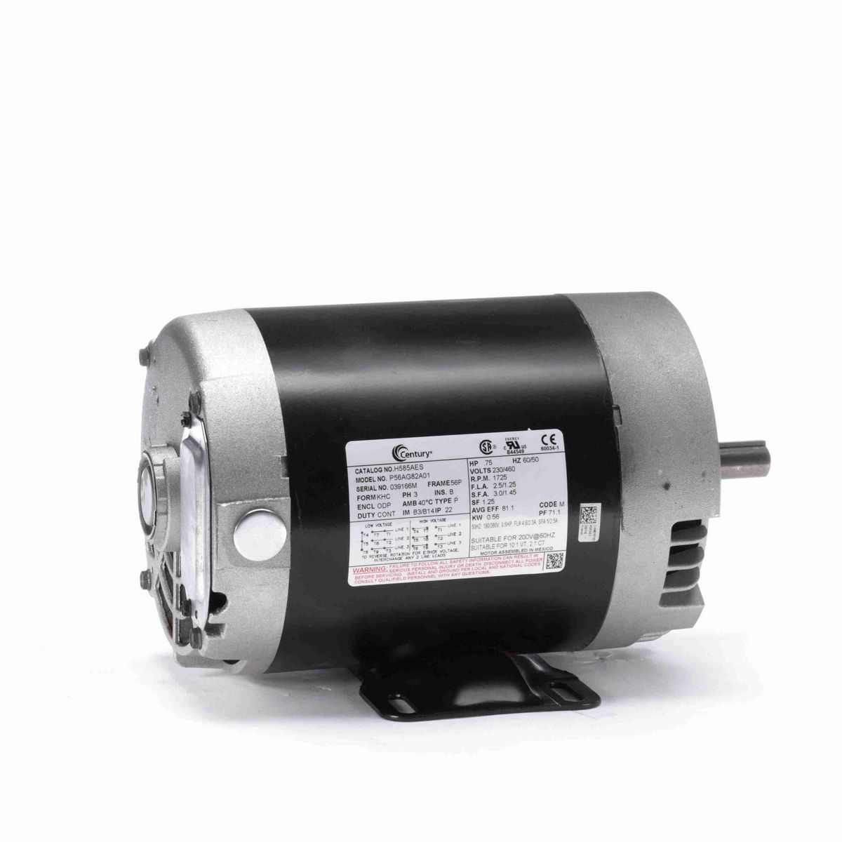 Century General Purpose Motor, .75 HP, 3 Ph, 60 Hz, 230/460 V, 1800 RPM, 56C Frame, ODP - H585AES